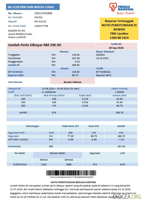 Modèle de facture de services publics d'électricité de Malaisie Tenaga Nasional aux formats Word et PDF